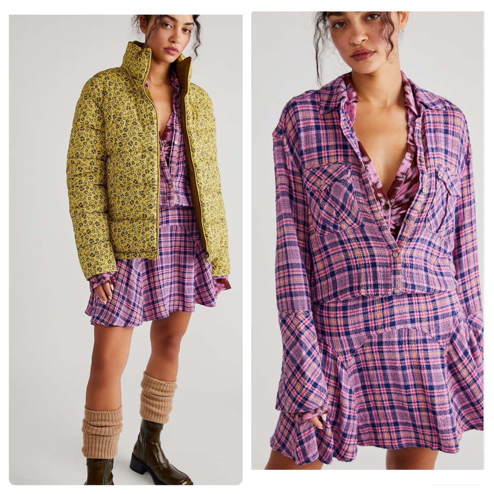 NWT Free People Milo Plaid Button Down Mini Dress in Candy Purple/Pink XS